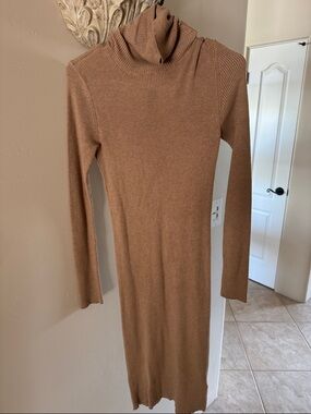Express Ribbed Turtleneck Long Sleeve Dress in Camel Brown